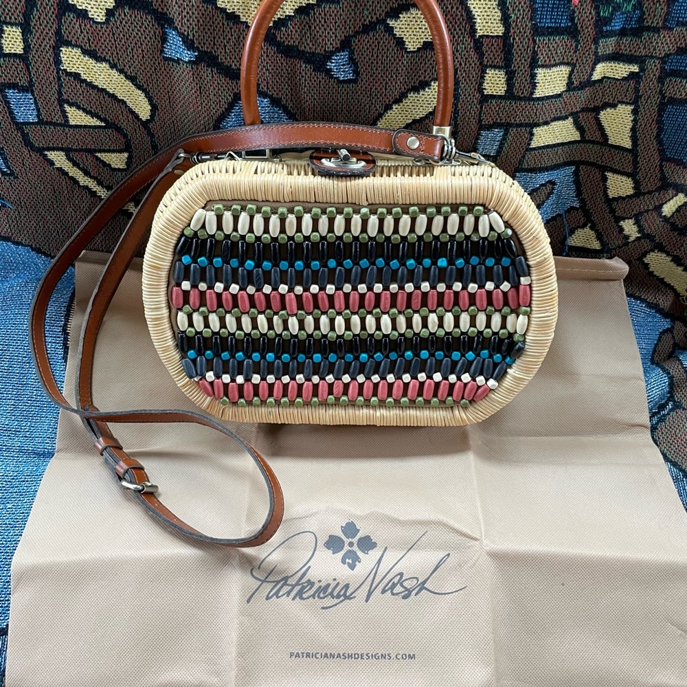 Patricia Nash Cipressa Beaded Wicker Purse w Shoulder Strap EC